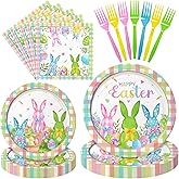 Temicle 96 Pieces Easter Tableware Set – Bunny Egg Disposable Plates, Napkins, and Forks with “Happy Easter” and Spring Designs for Holiday Dinners, Parties, and Spring Celebrations – Serves 24