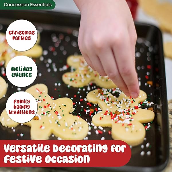 CONCESSION ESSENTIALS CHRISTMAS SPRINKLES, 1LB CONTAINER, RED, GREEN, WHITE COLORS