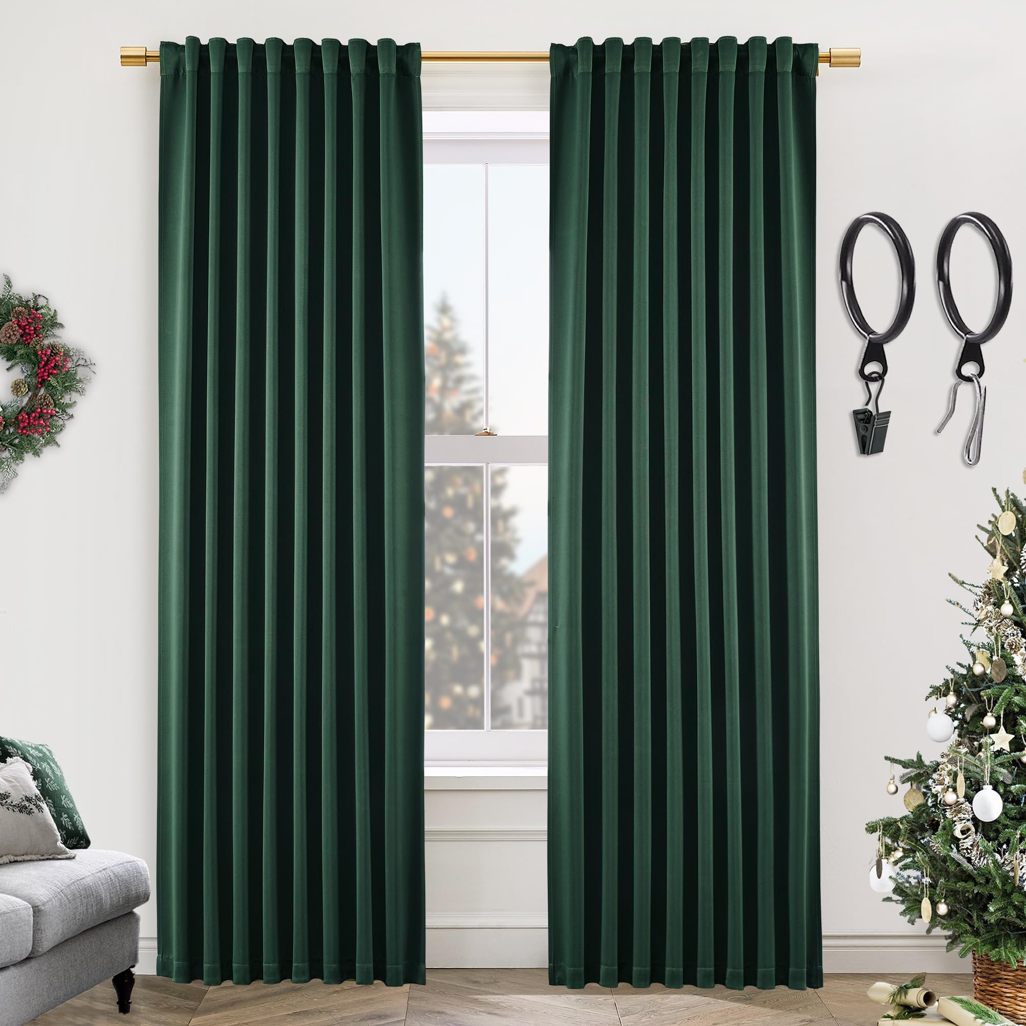 Photo 1 of SHINELAND Dark Emerald Green Blackout Curtains 84 Inches Length for Living Room 2 Panels Set,Back Tab Pleated Thermal Insulating Elegant Curtain Drapes for Winter Bedroom 84 Inch Long,Forest