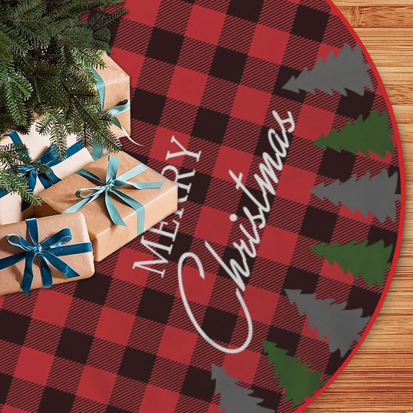 Christmas Tree Skirt 48 Inches (120cm) - Red and Black Buffalo Plaid for Holiday Party Decorations - Thick Xmas Tree Skirt for Indoor Outdoor Use