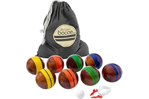 GoSports 100 mm Hardwood Bocce Set with 8 Premium 12 oz Wood Balls, Pallino, Case and Measuring Rope