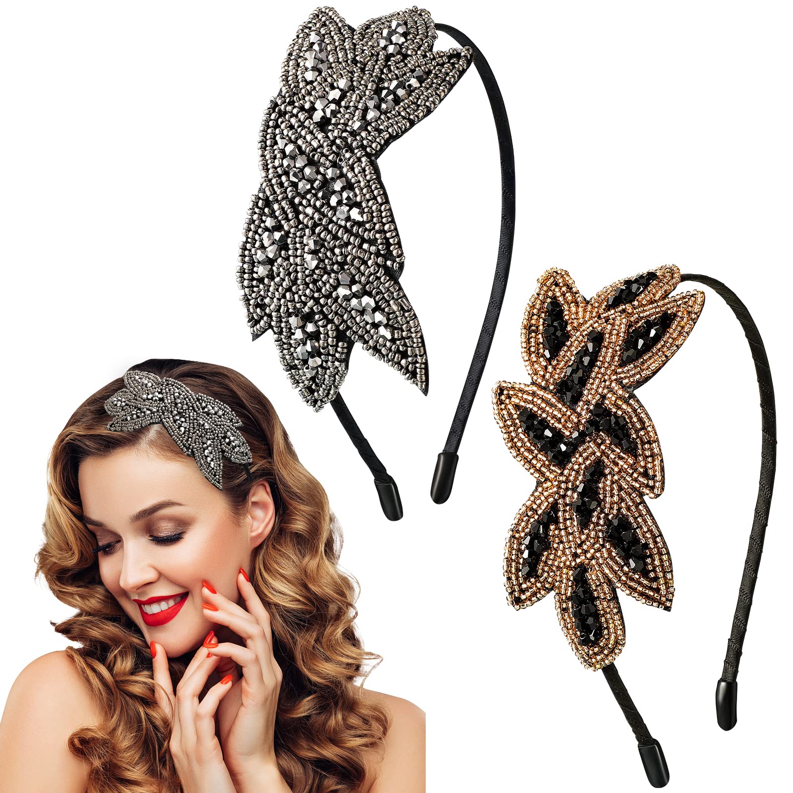 2Pcs 1920's Flapper Headband Great Gatsby Accessories Women Crystal Vintage Headpiece Fashion Hair Clips Roaring 20's Costume Accessories