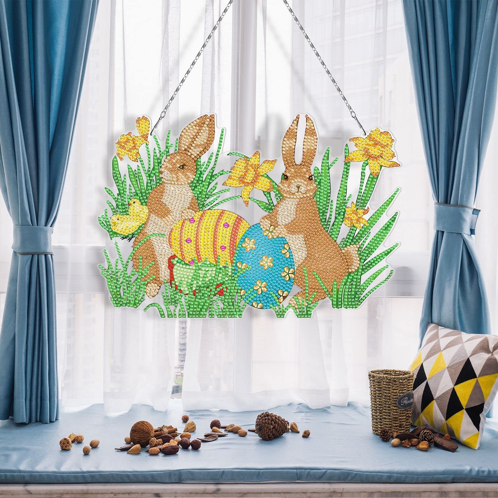 ZOYIEP Diamond Painting 5D Kits, Diamond Painting Pictures Easter Wreath Set with Hanging Chain Diamonds Painting Pictures for Wall and Entrance Decoration (B)