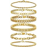 XIANNVXI 6pcs Stainless Steel Bracelets for Men Women Silver/Gold/Black Cuban Link Rope Paperclip Chain Bracelets Set 6.5/7/7.5/8.3/9 Inches Metal Bracelet Mens Fashion Accessories Jewelry Set