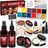 Halloween SFX Makeup Kit 24pcs for Adults Zombie Vampire Cosplay | 3 Kinds of Fake Blood+Scar Wax+Oil Face Paint Kit, Setting Powder, Brushes, Sponges, Professional Special Effects Makeup Kit