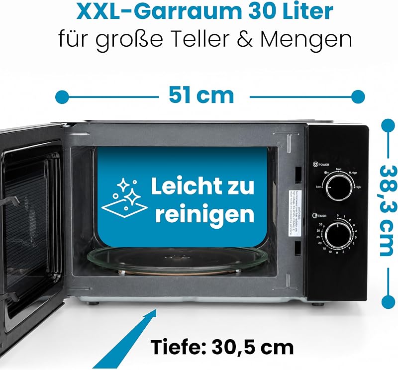 Forno a microonde ProfiCook XXL | 30 litri | 950 Watt | Piatto girevole da 31,5 cm | 5 livelli di potenza | Funzione di scongelamento | Illuminazione della camera di cottura | PC-MW 1354