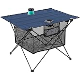 SKIKEN Lightweight Camping Table - Portable Folding Beach Side Table w/2 Cup Holders &amp; Large Storage Basket, Compact Fold for Tailgate Travel Outdoor Fishing Picnic | 29.2" W x 21.7" D (Blue)