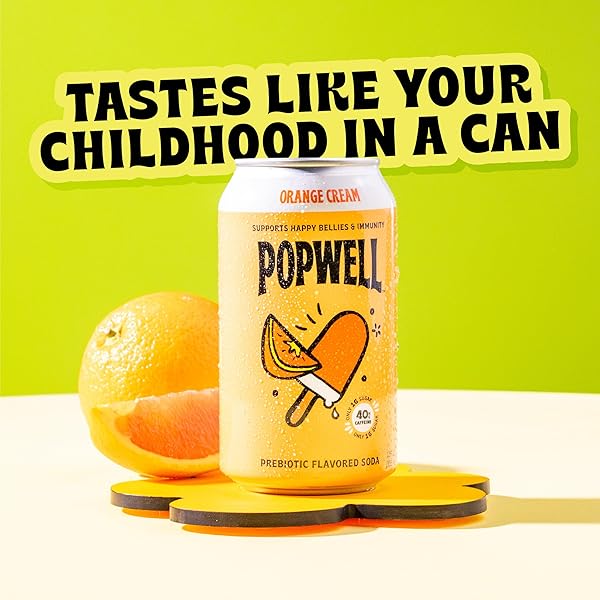 POPWELL ORANGE CREAM CAFFEINATED BETTER-FOR-YOU PREBIOTIC SODA, WITH 6G FIBER, 1G SUGAR, VITAMINS AND IMMUNITY SUPPORT, 12 FL OZ CANS (PACK OF 12)