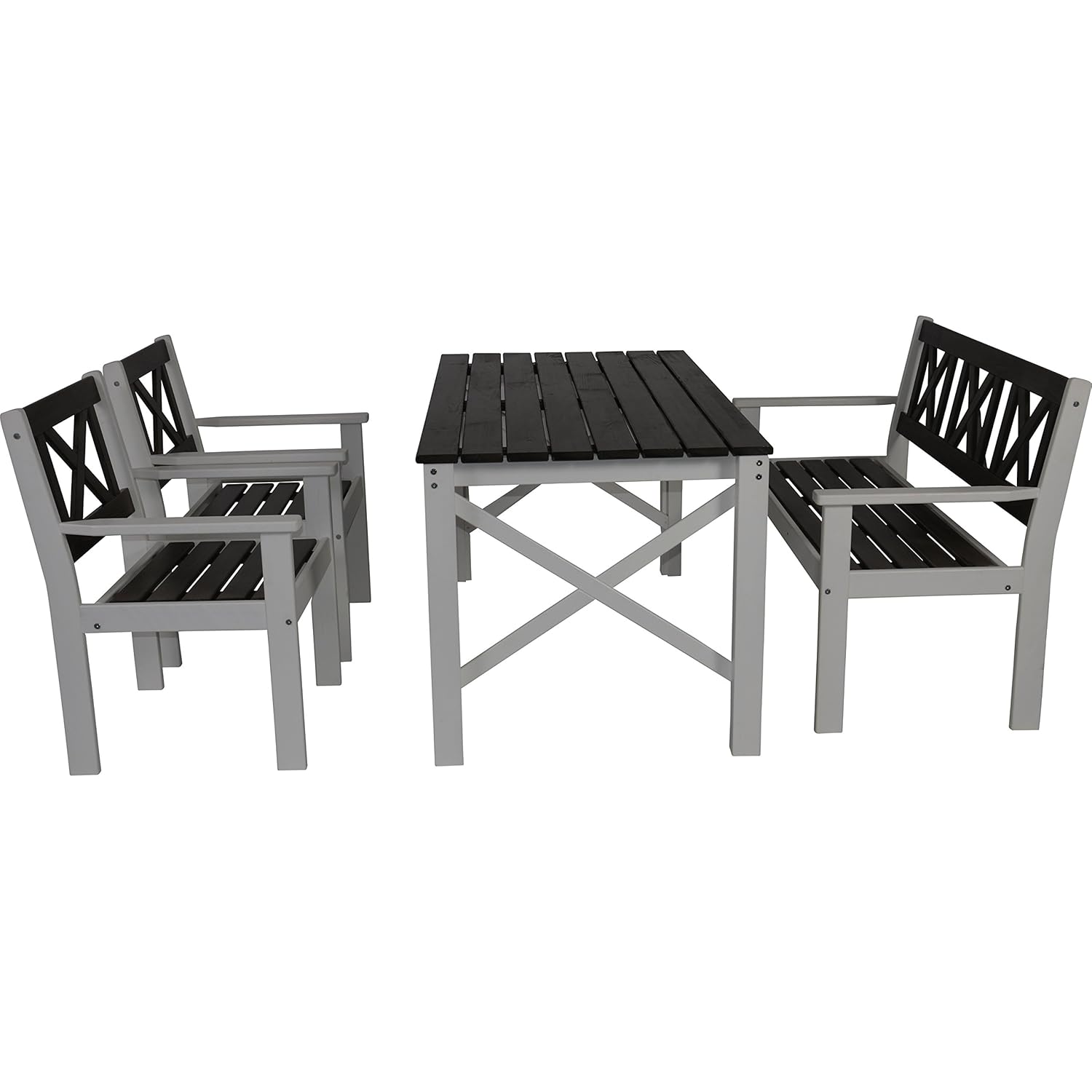 Gartenmöbel Set Tisch Bank 2 Stühle Kiefer grau/weiß lackiert 150/59