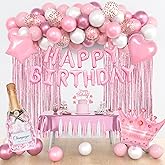Pink Birthday Party Decorations, Happy Birthday Banner Tablecloth Cake Toppers Fringe Curtain Tassels Pink and White Confetti Foil Balloons for Girls Women Valentine Wedding Baby Shower Party Supplies