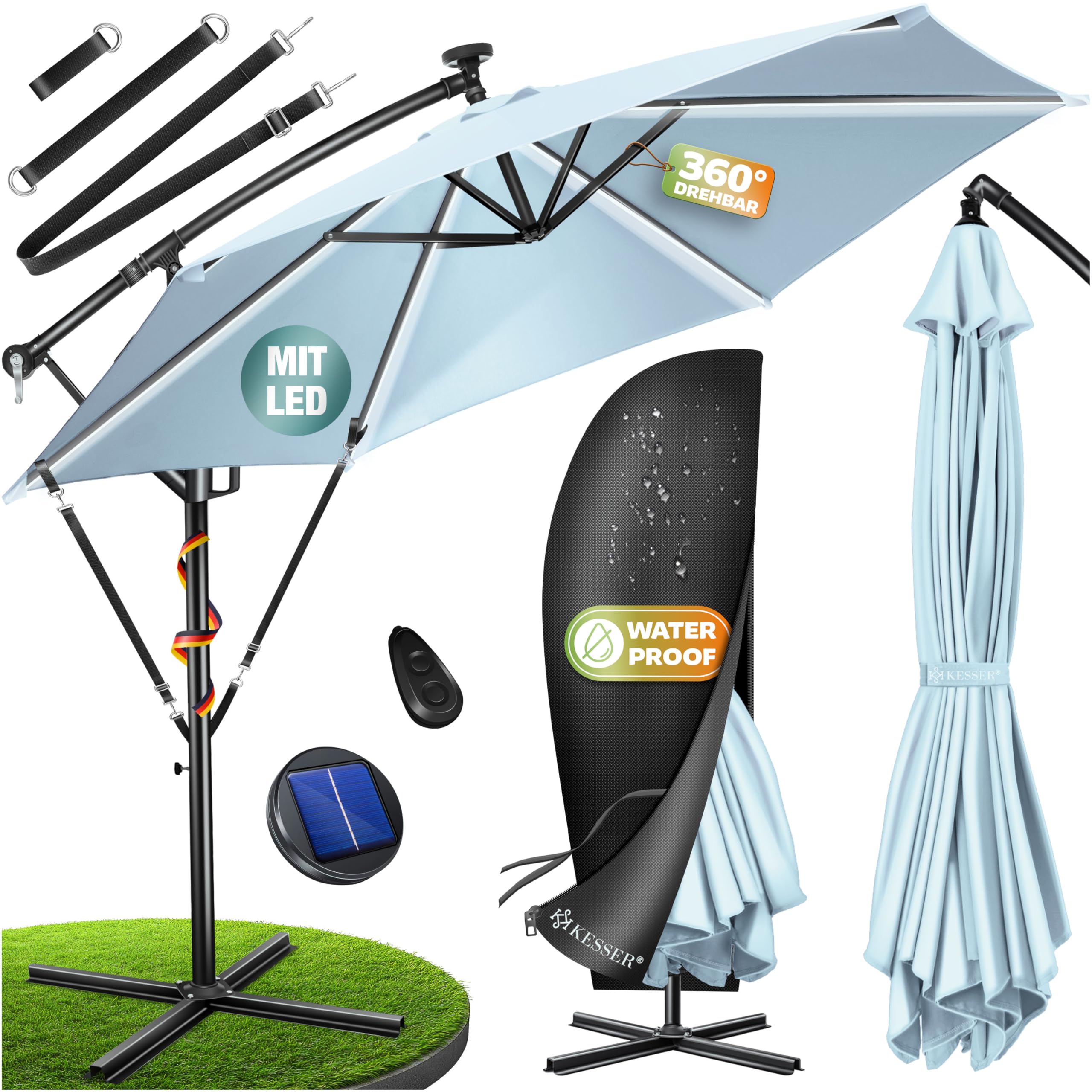 KESSER® Sonnenschirm Solar Ø 300 cm/Ø 350 cm mit LED Beleuchtung, Ampelschirm mit Kurbel, Garten, Sonnenschutz, Gestell & Ständer aus Alu, UV-Schutz, wasserdicht + Windfest, 360° Funktion + Hülle