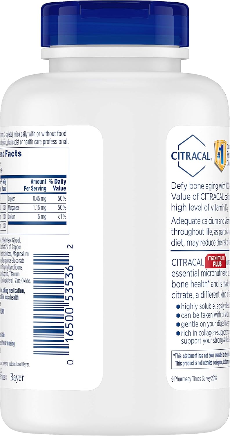 Citracal Maximum, Highly Soluble, Easily Digested, 650 mg Calcium Citrate with 1000 IU Vitamin D3, Bone Health Supplement for Adults, Caplets, 180 Count: Health & Personal Care