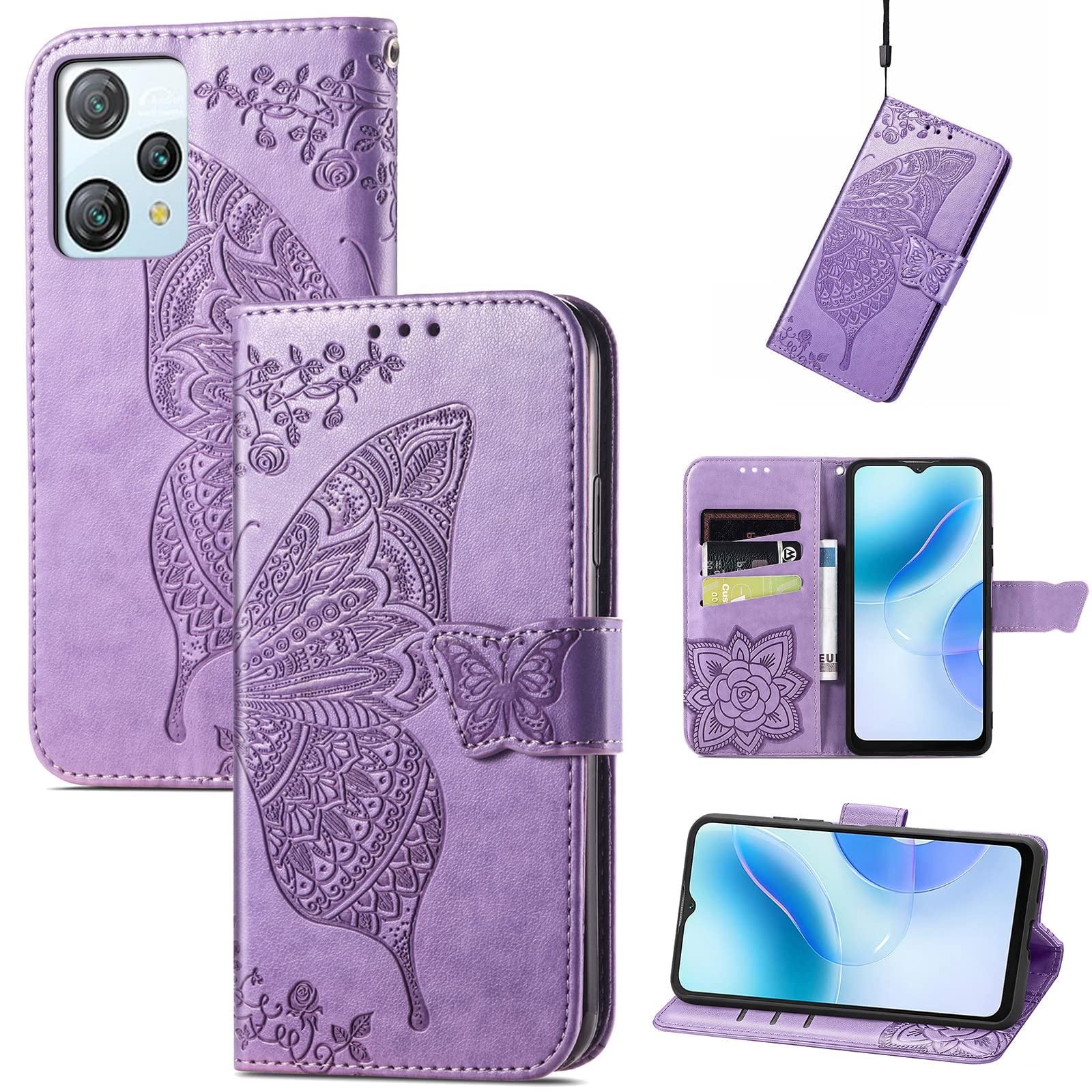 JIUNINE Case for Blackview A53 / Blackview A53 Pro, Leather Wallet Case Flip Cover with Butterfly Embossed Pattern [Card Holder] [Magnetic Closure] [TPU Inner Shell] for Blackview A53 Pro, Purple