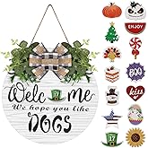 Interchangeable Wooden Seasonal Welcome Wreath, Rustic Round Dogs Front Door Wreaths for Home/Wall/Porch/Farmhouse Decor, for Easter Spring Summer Fall Halloween Christmas All Season Decorations