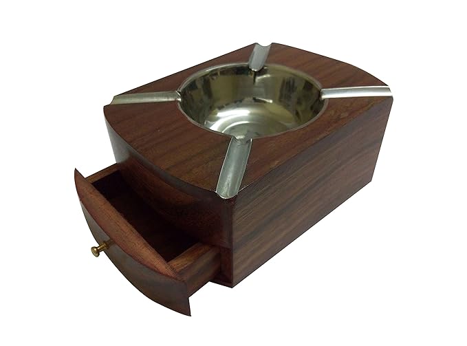 Kartique Hand Made Brown Wooden Ash Tray With Mini Utility Drawer