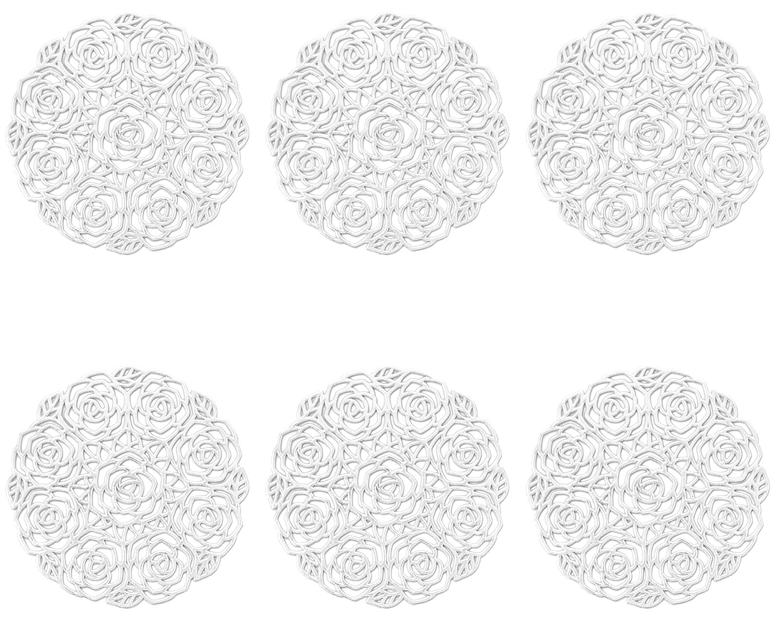ASFINS Set of 6 Rose Coasters, Hollowed-Out Round Coasters Non-Slip Drinks Coasters Novelty Cup Coaster, for Home and Kitchen Resistant Use, Hollowed-Out, Metallic Round (Silver, Style L, 10cm)