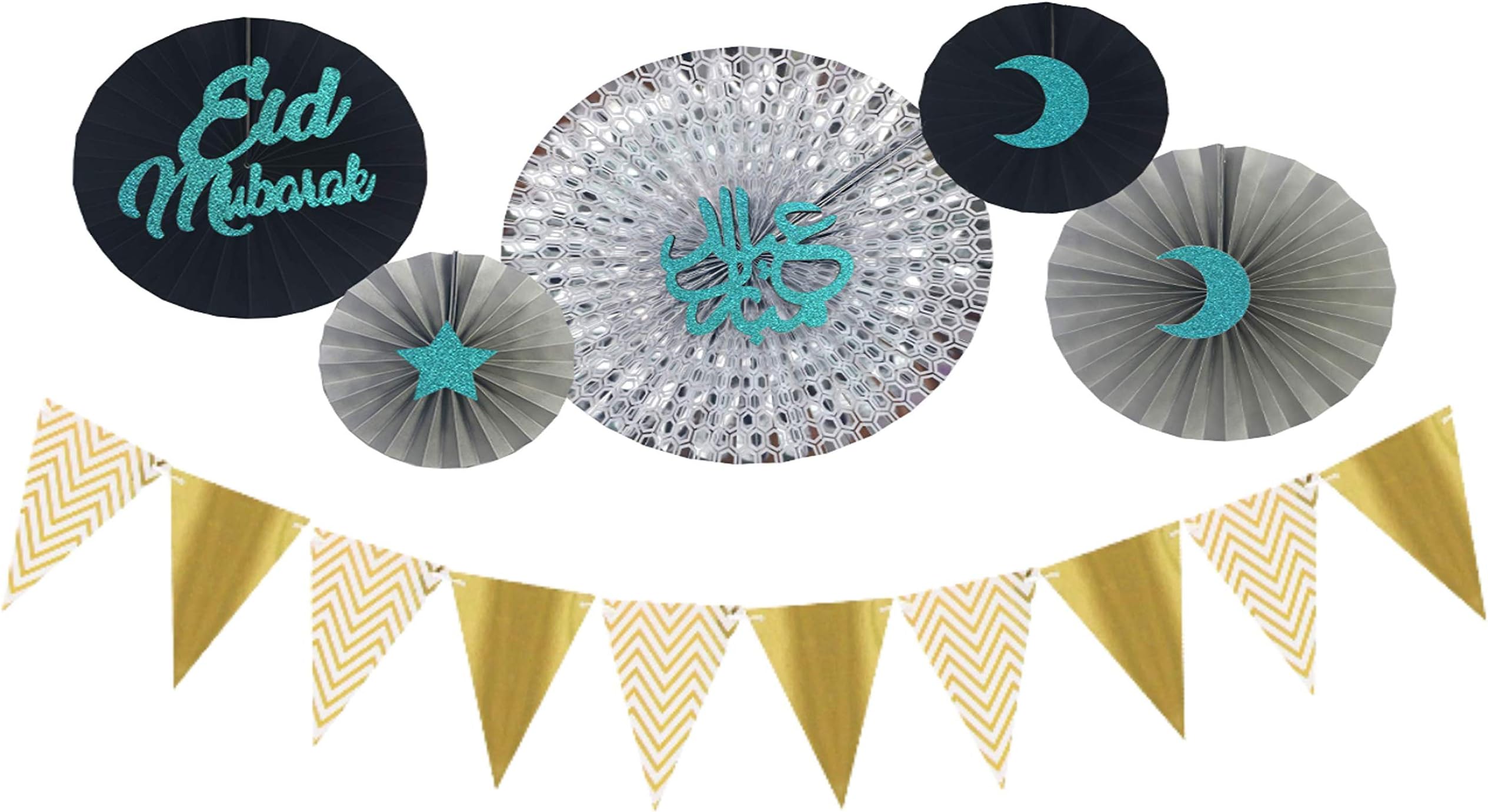 Eid Mubarak 11 Piece Set - Decoration Banners and Paper Fans - Perfect for Eid Parties and Events - (Black & Green)