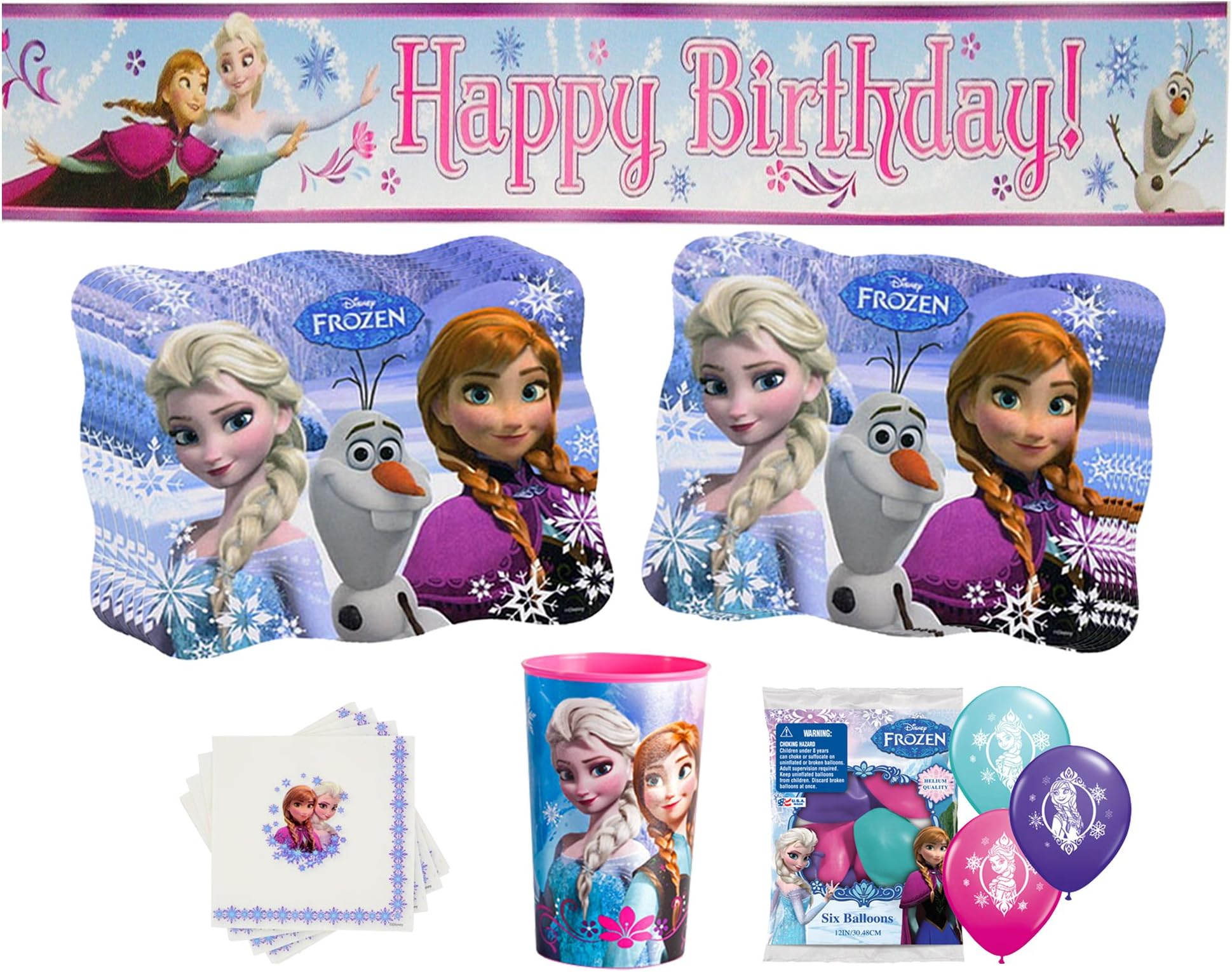 Deluxe Frozen Party Supplies- Happy Birthday Banner, Anna & Elsa Balloons, Napkins, Place Mats and Birthday Girl Cup by Disney's Frozen
