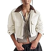 VATEAMI Barn Jackets for Women Contrast Collar Utility Coat Cargo Jacket Cropped Jacket with Pockets Outwear
