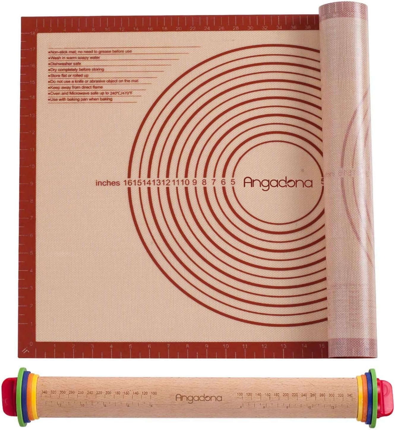 Silicone Pastry Mat Baking Mat Non-Stick Non-Slip Extra Large Pie Rolling Mat with Measurements 28''By 20'',Bread Kneading Board for Rolling Dough and Adjustable Rolling Pins for Baking,Rolling Pin with Thickness Rings,Bonus 1 Silicone Spatula