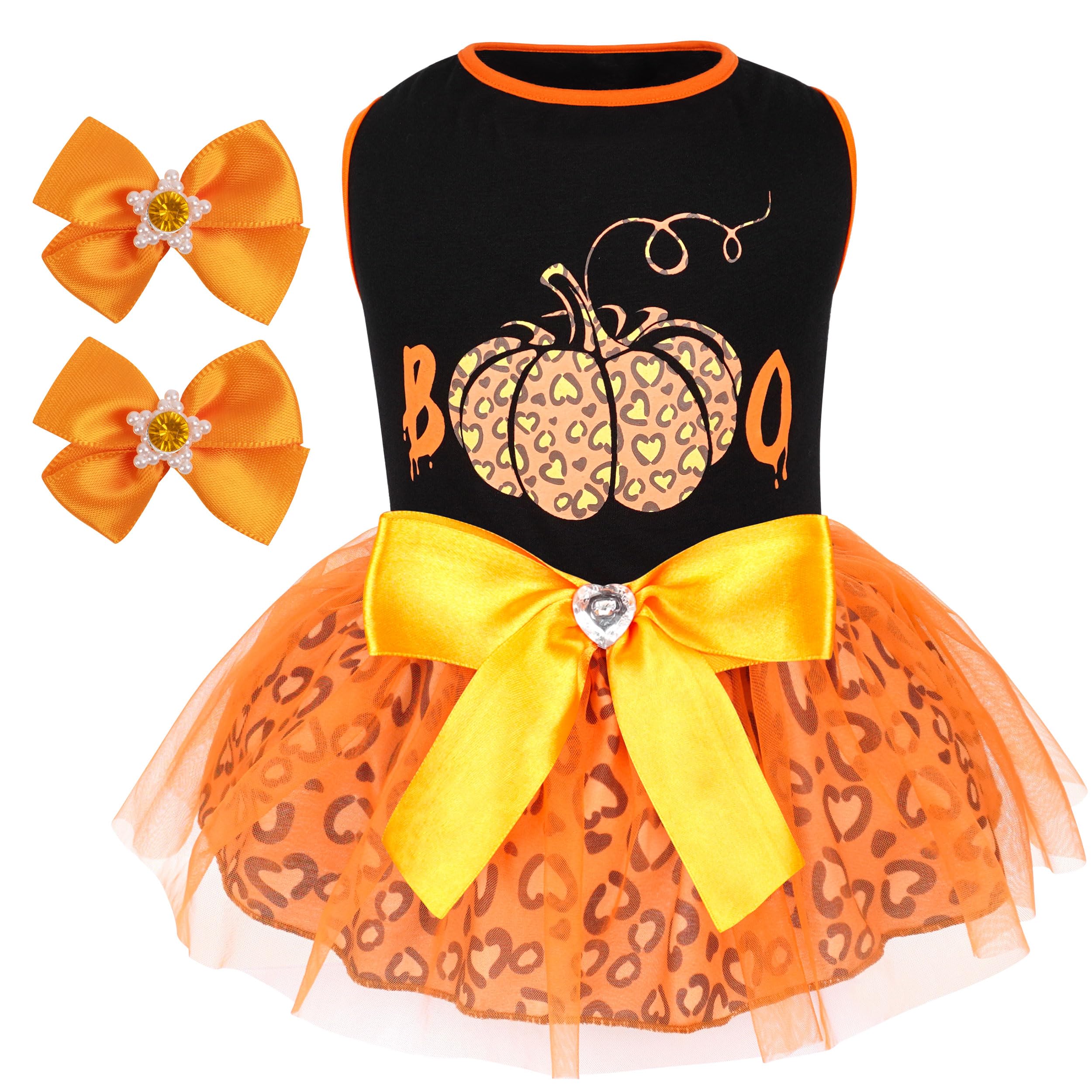 Photo 1 of cyeollo Halloween Dog Dress Boo Cute Leopard Print Pumpkin Holiday Outfit Clothes Girl Party Tulle Dog Dresses for Small Dogs