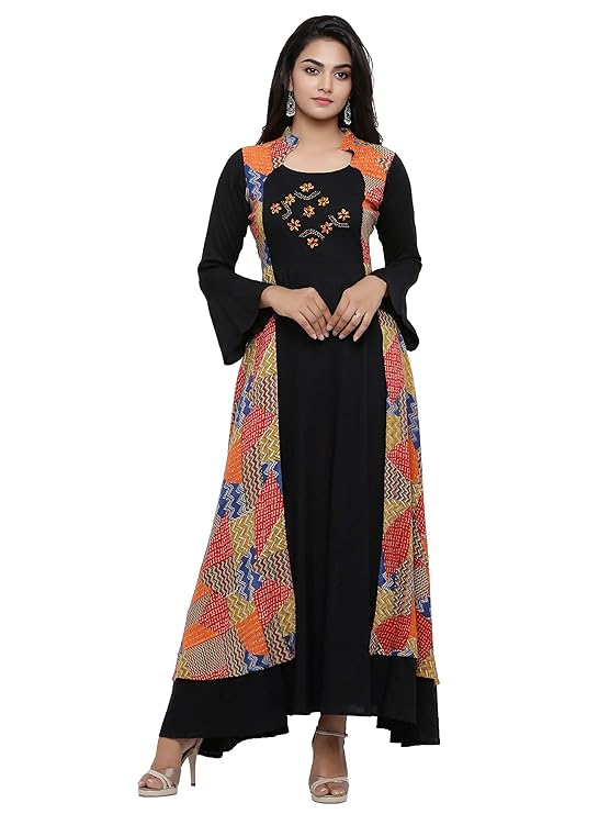 Women's Rayon Geometric Print Embroidered Anarkali Kurta (Black)