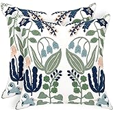 Alysheer Spring Floral Embroidered Decorative Throw Pillow Covers 18"x 18" Set of 2, Farmhouse Navy Blue Flowers Green Leaves Tufted Patterned Cotton Cushion Cases for Couch Bed Living Room Decor