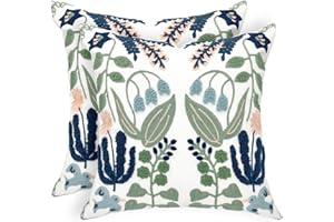 Alysheer Summer Floral Embroidered Decorative Throw Pillow Covers 18"x 18" Set of 2, Farmhouse Navy Blue Flowers Green Leaves Tufted Patterned Cotton Cushion Cases for Couch Bed Living Room Decor