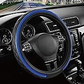 Road Comforts Leather Steering Wheel Cover – Black & Blue, Universal Fit 14.5-15 Inch, Microfiber Leather, Anti-Slip & Breathable Design for Men and Women