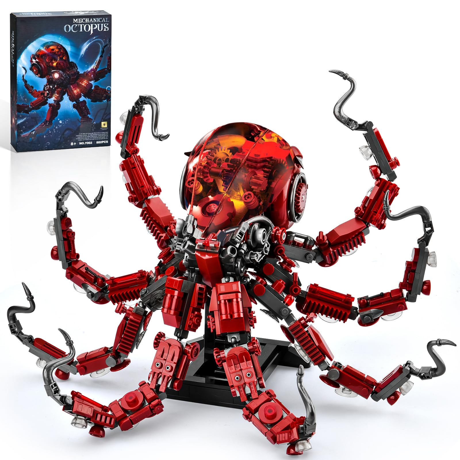 XITALAXU Mechanical Octopus Building Sets for Adult, Ocean Animal Collection Toy with Display Stand and Light, Home Office Decor and Idea Gift for Teen 14+(882PCS)