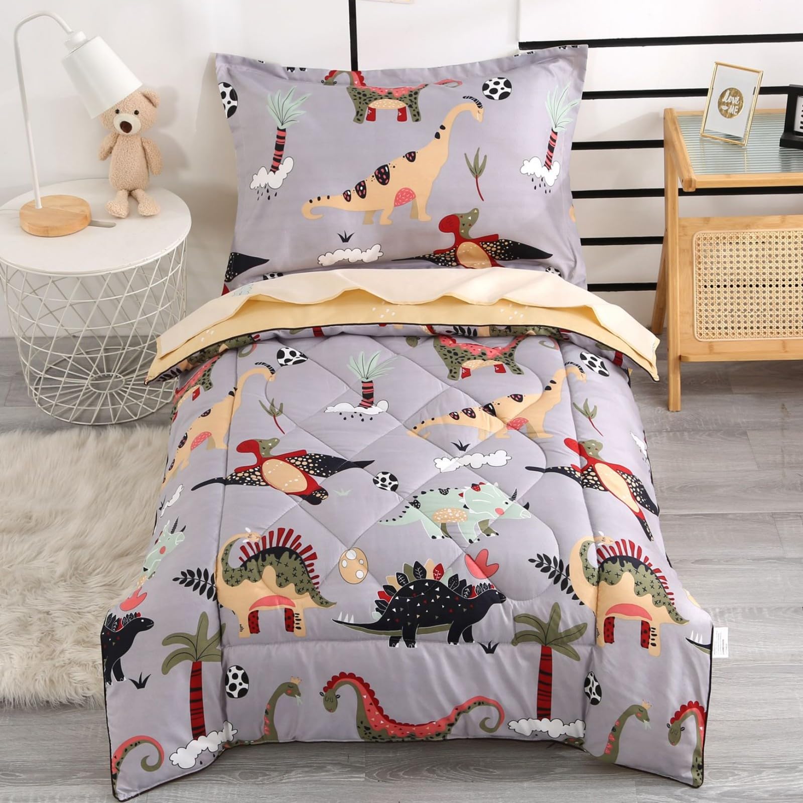 Photo 1 of Wowelife Dinosaur Toddler Bedding Sets for Boys Grey Toddler Bed Sheets Sets Kids Toddler Comforter Set Soft Breathable with Quilted Comforter, Flat Sheet, Fitted Sheet and Pillowcase