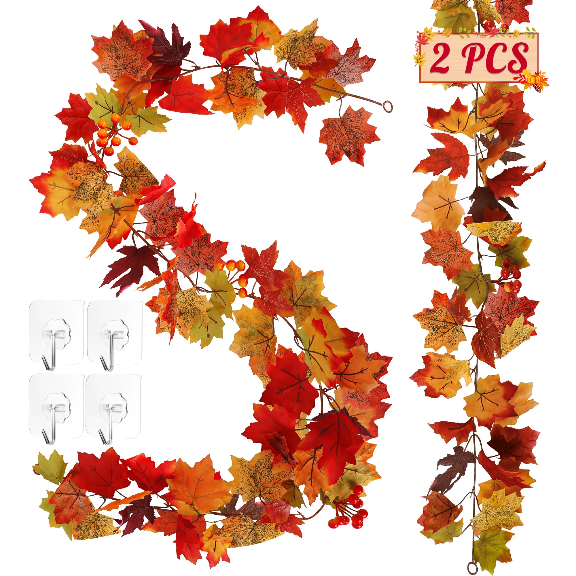 Photo 1 of 11.8FT Fall Decoration for Home, 2 Pack Artificial Fall Garland, Realistic Fall Leaves Garland, Thanksgiving Garlands Indoor, Colorful Leaves Autumn Garlands for Fall Harvest Thanksgiving Decorations