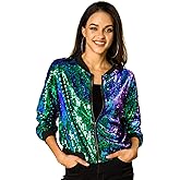 Allegra K Women's Sequin Jacket Bomber Long Sleeve Zipper Shiny Glitter Tops Sparkly Party Slitter Outfit
