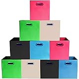 [10-Pack,Bright Mix Colors] Platic Handles Storage Bins, Containers, Boxes, Tote, Baskets| Collapsible Storage CubesHousehold Organization | Fabric & Cardboard| Dual Handle | Foldable Shelves Storages