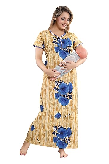 Women's Beautiful Flower Print Feeding/Maternity Cotton Nighty/Night Gown(Size:Free Length:54
