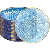 DaYammi 100PCS Blue and Gold Plastic Plates - 10 inch Clear Blue Gold Dinner Plates - Hammer Pattern Design - Fancy Disposable Plates - Heavy-Duty Party Plate for All Occasions