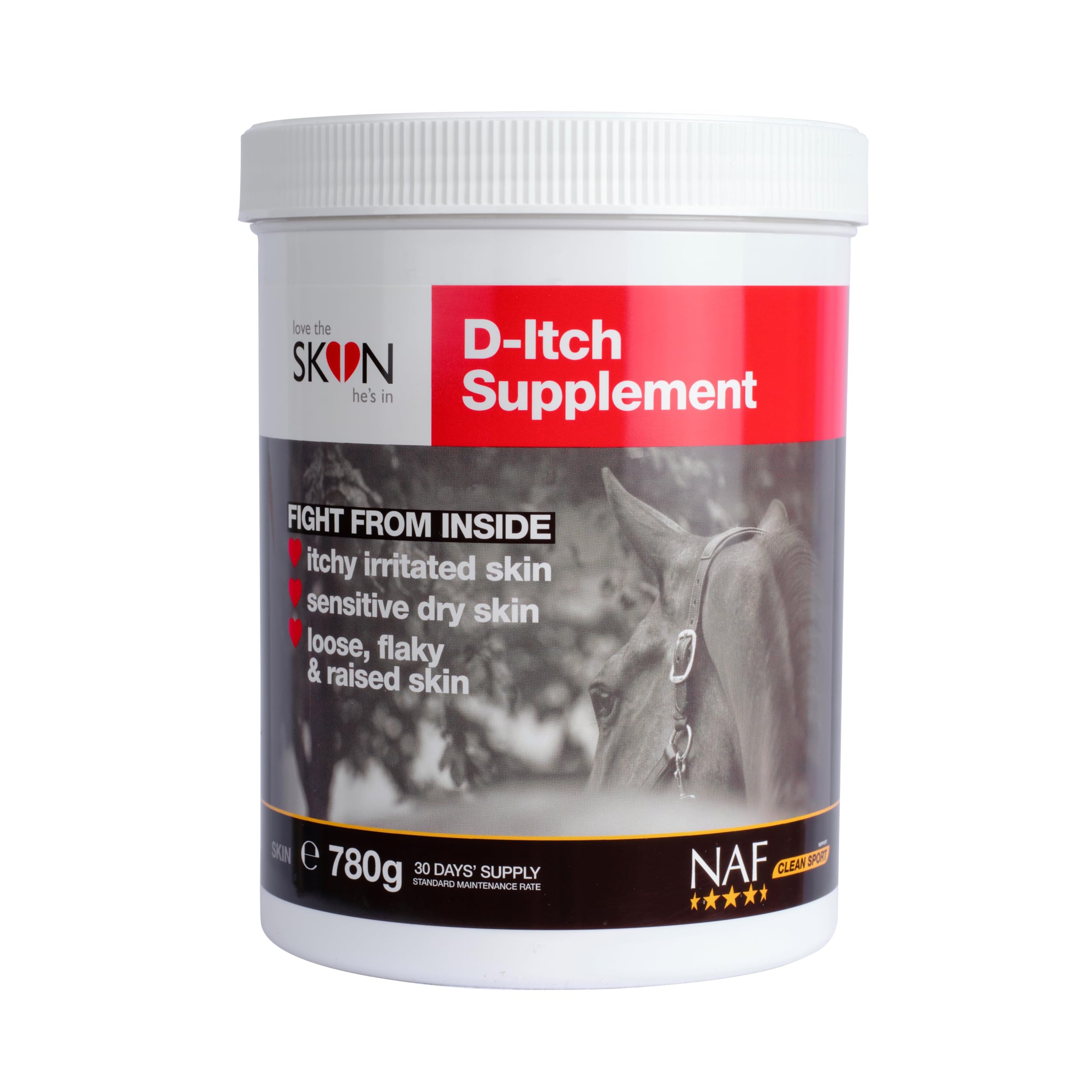 NAF Love the Skin He’s In D-Itch Supplement 780g – Seasonal Skin Support for Horses – With Herbs, Antioxidants & MSM – Aids Itchy Skin & Immune Response