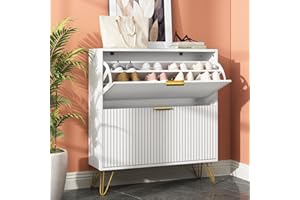 Sscaktu Shoe Storage Cabinet with 2 Flip Drawers, 31.5" W Fluted Shoe Cabinet for Entryway, Hidden Shoe Cabinet Storage, Narrow Free Standing Shoe Orgnaizer Rack Cabinet for Foyer Hallway, White