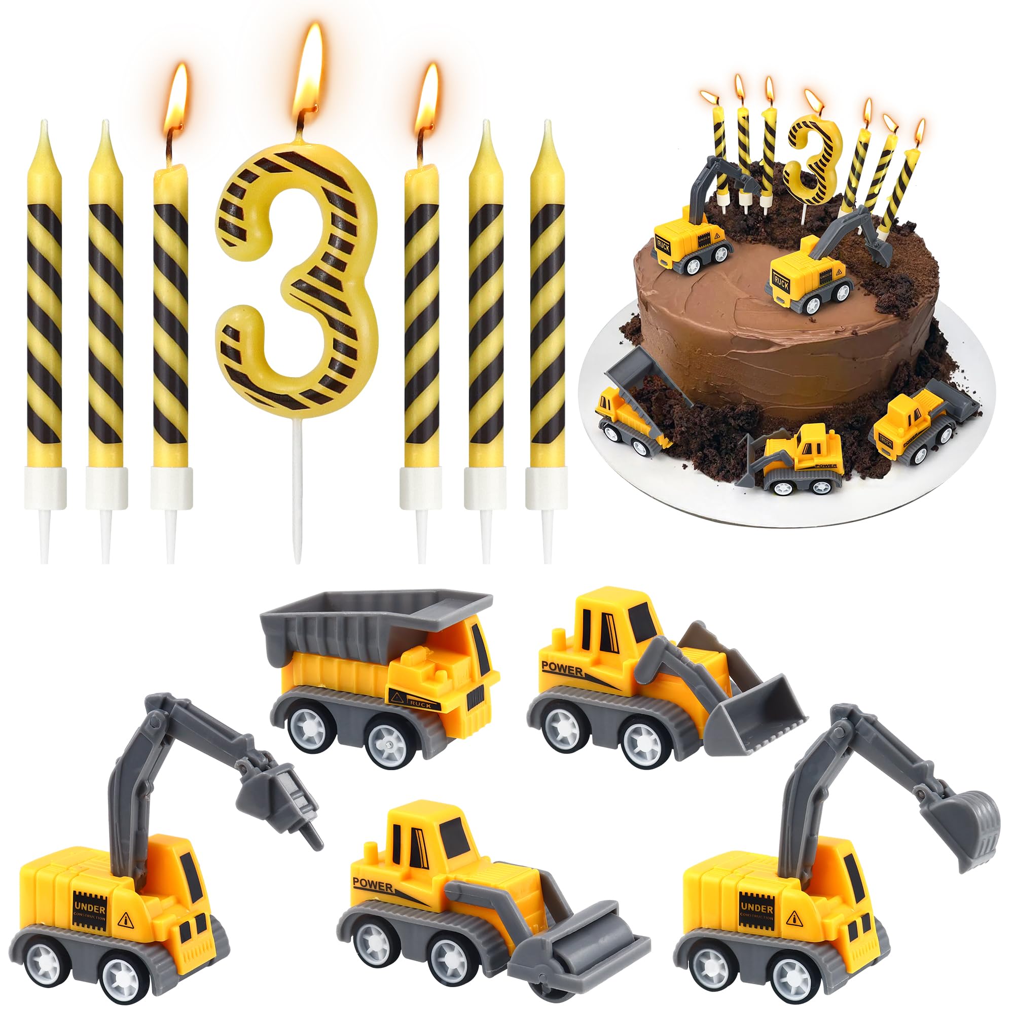 Construction Birthday Candles, 12 Pcs Construction Vehicles Cake Toppers Set with Birthday Number Candle and Black Stripes Candle Cake Topper for Birthday Anniversary Party Cake Decorations (Number 3) — image 1