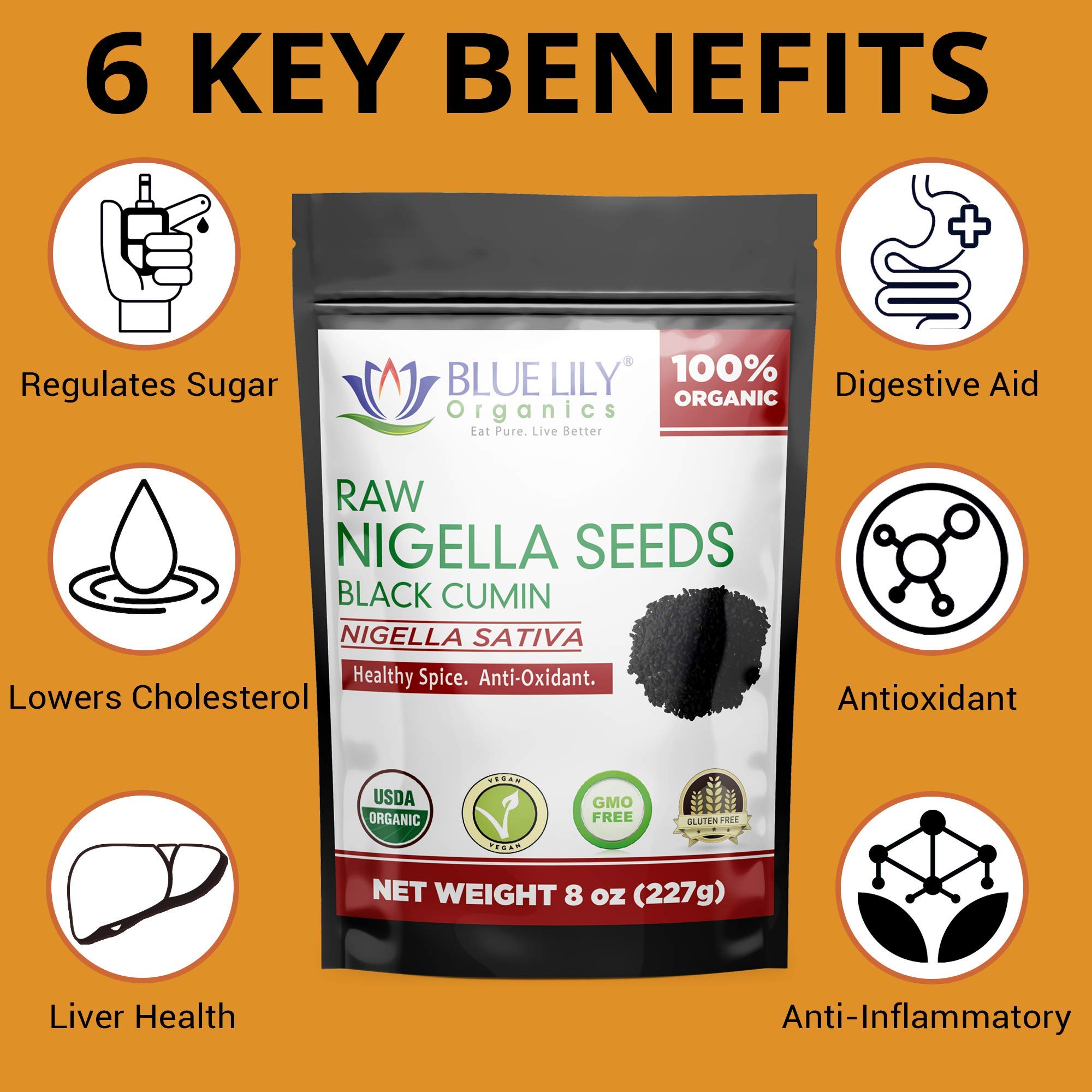 Blue Lily Organics Raw Nigella Black Cumin Seeds (Nigella Sativa) Certified Organic