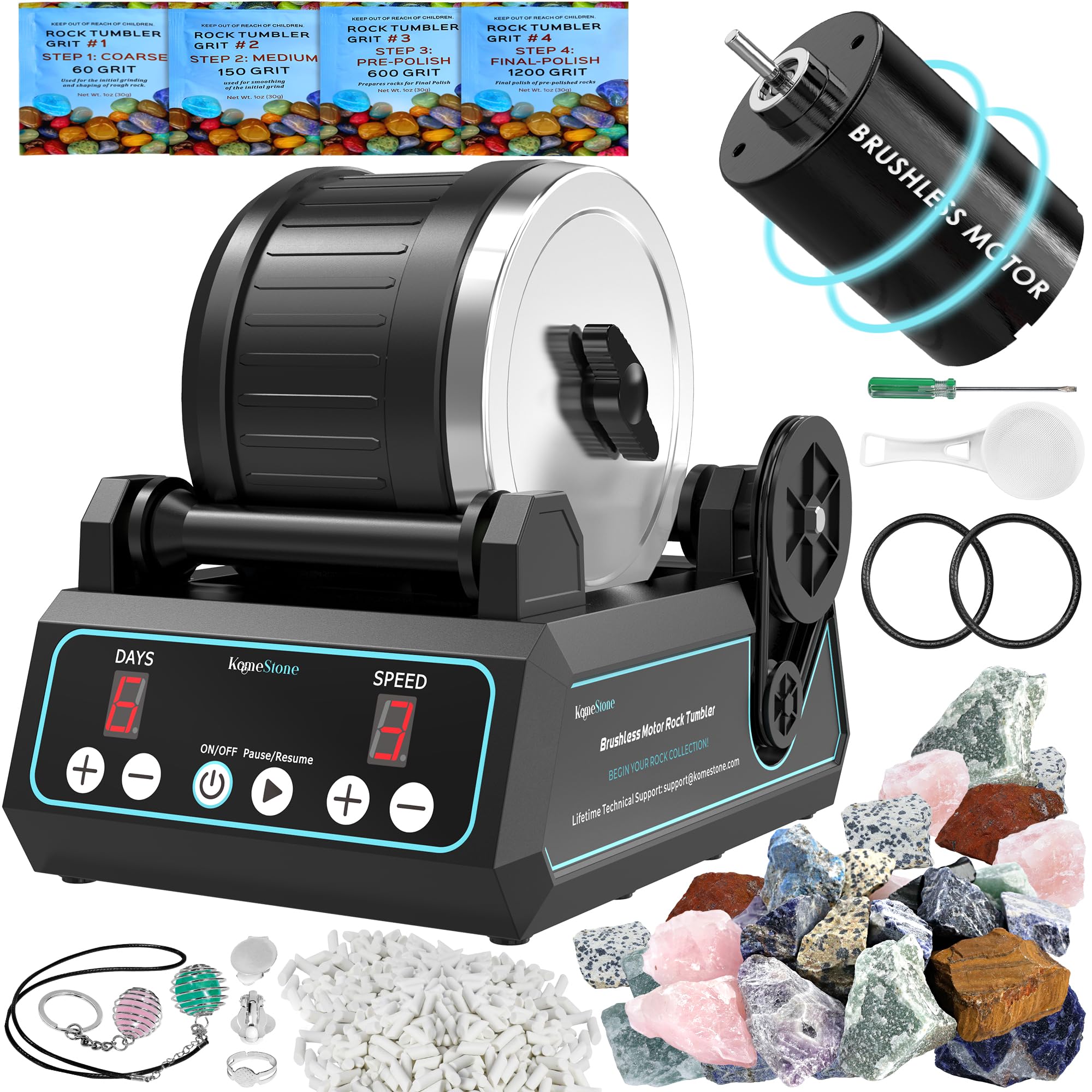 Photo 1 of KomeStone K1 Pro Professional Cutting-Edge Brushless Motor Advanced Rock Tumbler Polisher Kit, Extra Large 2.5Lb Barrel with 3-Speed Motor 9-Day Timer, Belts, Rough Gemstones, 4 Polishing Grits etc.
