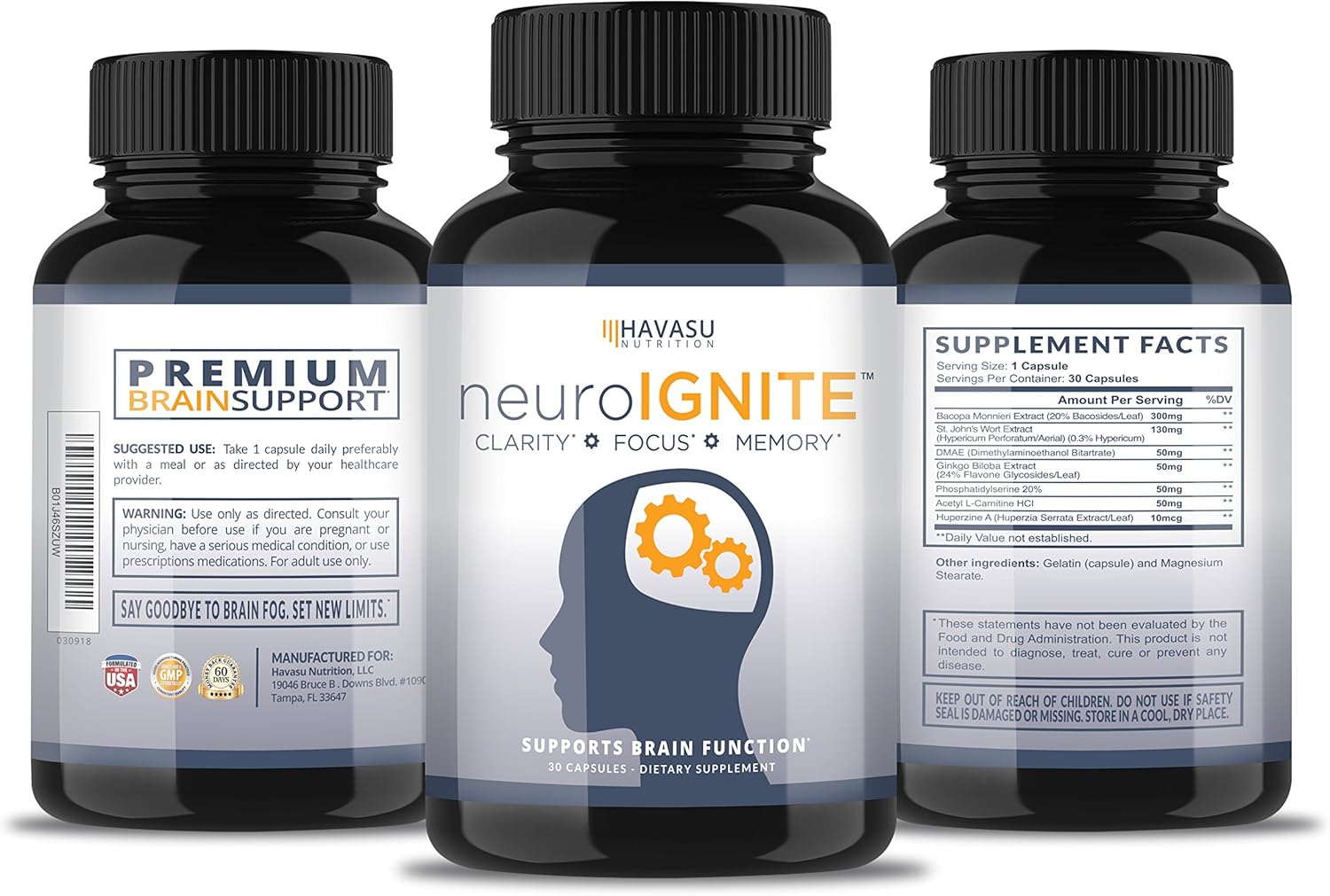 Havasu Nutrition Extra Strength Brain Supplement for Focus, Energy, Memory and Clarity, Mental Performance Nootropic with St Johns Wort, Supports Brain Function for Men and Women - 30 Capsules: Health & Personal Care