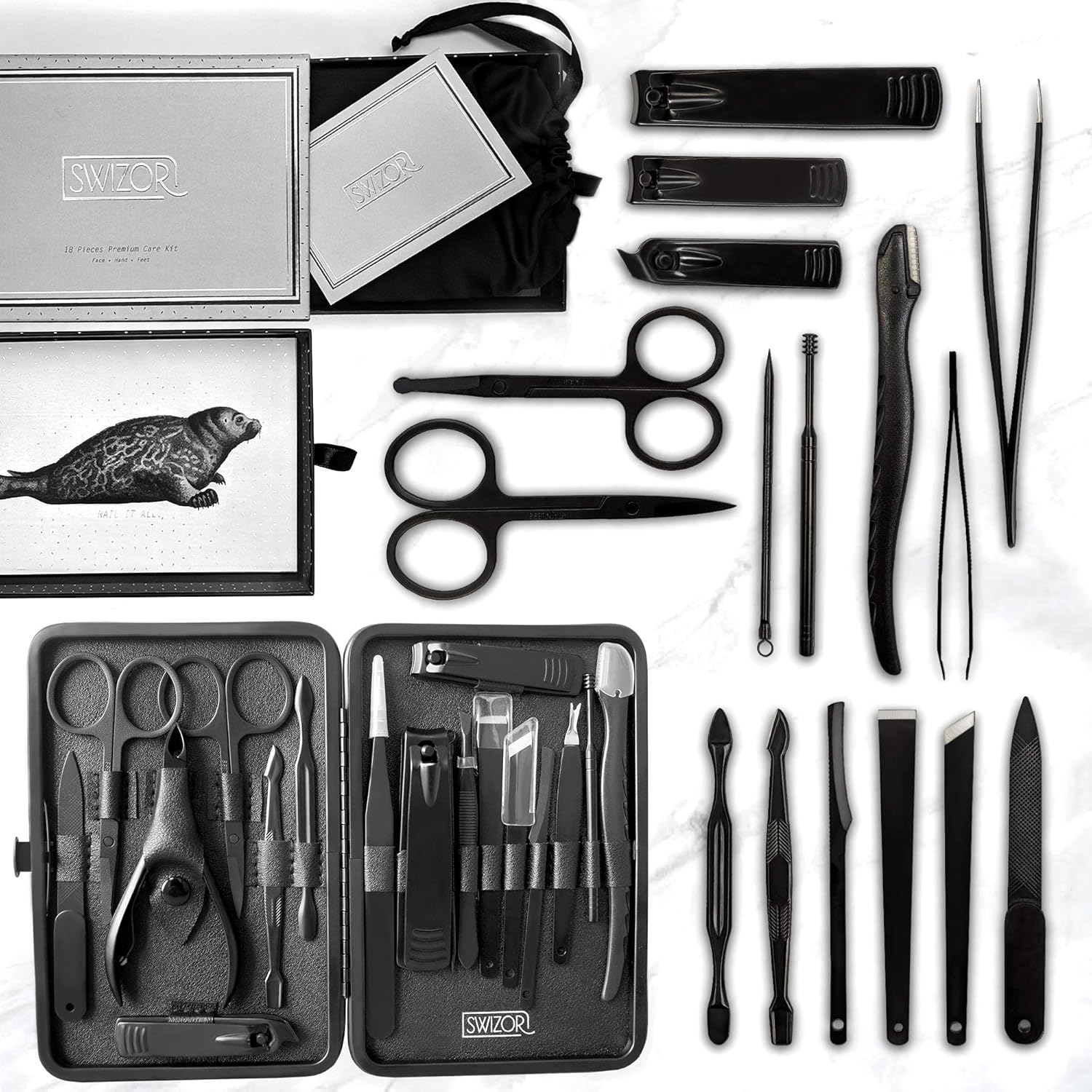Swizor Pedicure and Manicure Set - Luxury Fingernail & Toenail Grooming Kit for Men & Women - Professional Nail Care Essentials for Personal Use, Salon, Spa, Travel - Stainless Steel in Leather Case : Beauty