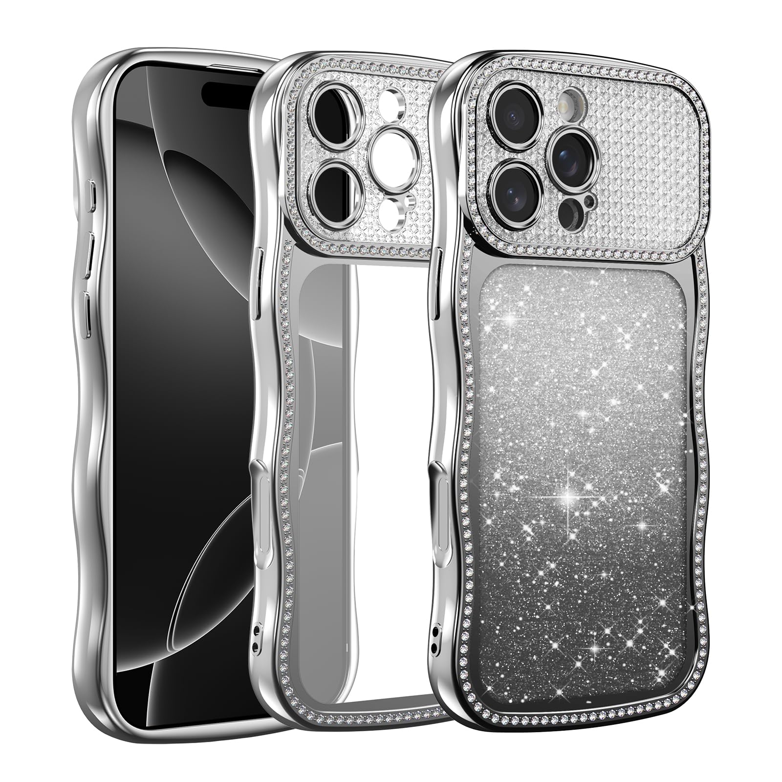 ZTOFERA Glitter Diamond Case for iPhone 16 Pro Max Curly Wavy Frame with Gradient Pattern Card,Slim Soft TPU and Full Camera Protective Cover, Cute Clear Design for Women Girls (Silvery)
