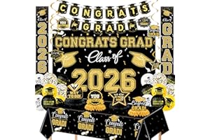 GYGYL Black and Gold Themed 2026 Graduation Decorations Set, Congrats Grad Banner, Backdrop, Door Banner, Tablecloth & Balloo