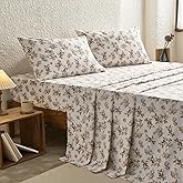 Wake In Cloud - Floral Bed Sheets, 4-Piece Sheet Set, Shabby Chic Botanical Coquette Cottagecore Vintage Flower Pattern Printed Bedding, Deep Pocket, Brown Taupe, Queen Size