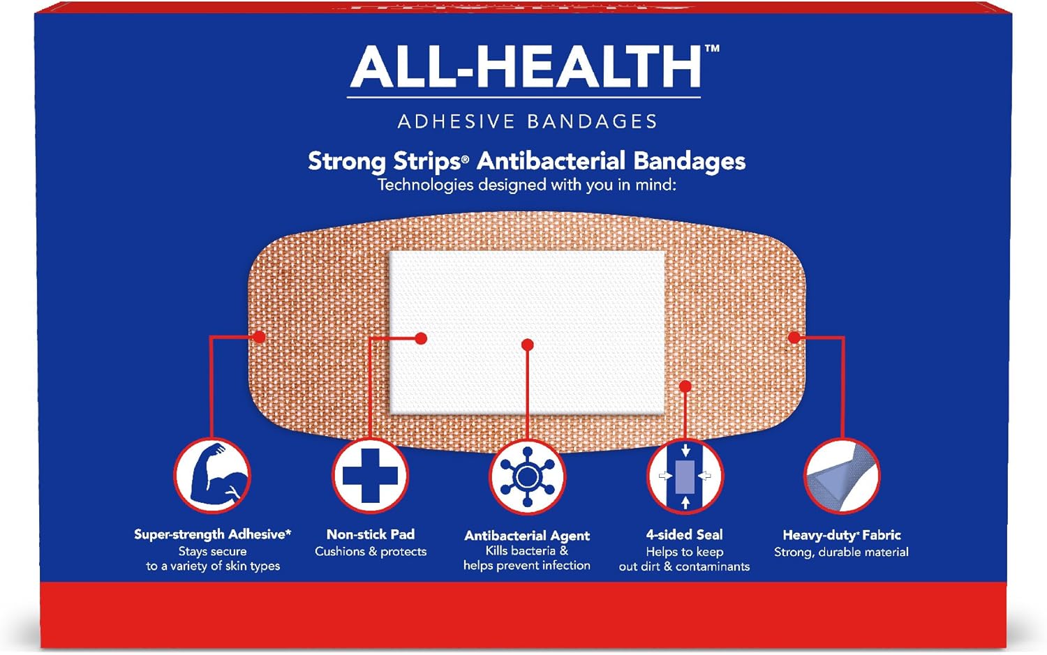 All Health Antibacterial Heavy Fabric Strong Strip Adhesive Bandages, XL 1.75 in x 4 in, 30 ct | Extra Large, Helps Prevent Infection, Durable Protection for First Aid and Wound Care: Health & Personal Care