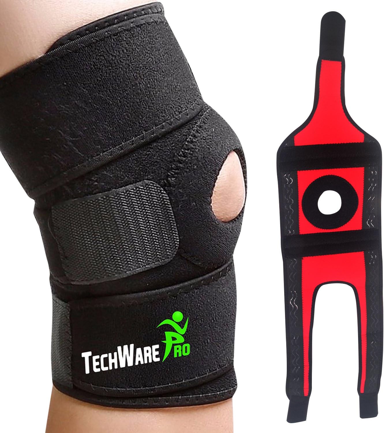 TechWare Pro Knee Brace Support - Relieves ACL, LCL, MCL, Meniscus Tear, Arthritis, Tendonitis Pain. Open Patella Dual Stabilizers Non Slip Comfort Neoprene. Adjustable Bi-Directional Straps - 4 Sizes