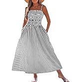 Benfoly Striped Dress for Women Sleeveless Spaghetti Strap Maxi Dress Summer Vacation Beach Dresses Long Dress with Pockets