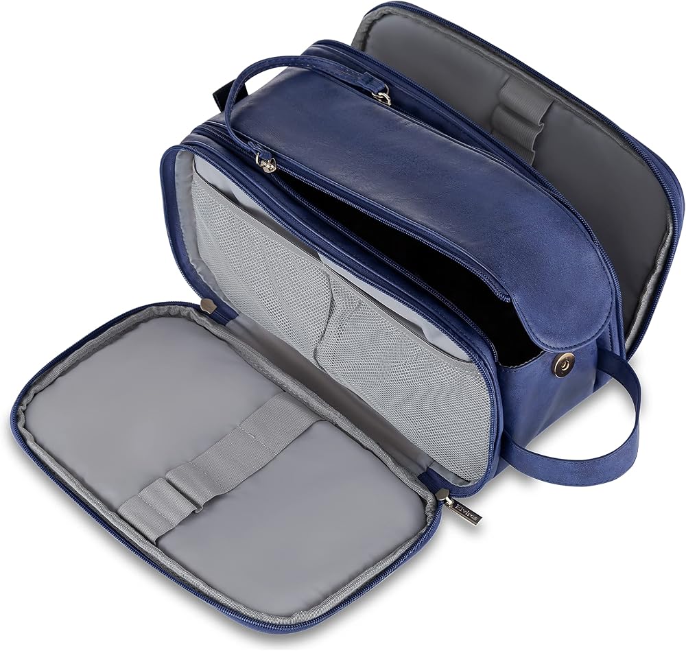 Elviros Water-Resistant PU Leather Toiletry Bag Men Large Shaving Dopp Kit Blue